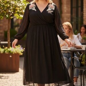 SHEIN Black Midi Dress with Pink and Cream Floral Embroidery